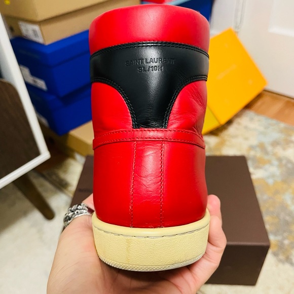 EUC Men Size 10 Saint Laurent SL/10H Contrast-Stripe High Top Sneakers Red/White - Picture 12 of 14